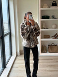 Fashionkova Chic Leopard Print Faux Fur Coats Fashion Lapel Long Sleeves Side Pockets Warm Jacket 2024 Women Winter Casual Furry Outwear