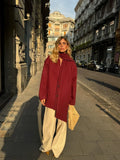 Fashionkova 2024 New Fashion Burgundy Red Woolen Suit Jacket With Scarf Collar Women Chic Oversized Flip Pockets Solid Coats Lady Streetwear