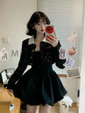 Winter French Elegant One Piece Dress Women Black Patchwork Vintage Party Mini Dress Female Korean Style Sweet Chic Dress 2023