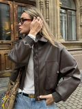 Fashionkova Women's Collar Zipper Casual Pu Leather Jacket Vintage Pocket Elastic Long Sleeved Outerwear Fashion High Street Motorcycle Coat