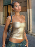 Fashionkova  Gold PU Crop Tops For Women 2024 Bodycon Backless Sexy Off Shoulder Tank Top Hot Girls Street Slim Party Tube Top Ladies