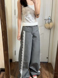 Fashionkova  Vintage Lace Dress Pants Woman Wide Leg Gray High Waist Suit Pants Baggy Y2k Casual Elegant Trouser Office Wear Harajuku