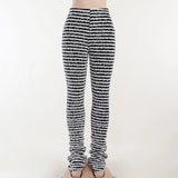 Fashionkova Christmas gift Christmas outfit Black and White Striped Knitted Stacked Pants Women Bottoms 2023 Streetwear Extra Long High Waist Flare Pants YY22342DG