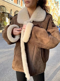 Fashionkova Christmas gift Christmas outfit Vintage Khaki Faux Leather Warm Thick Fluffy Coats Fashion Long Sleeve Big Lapel Single Button Outerwear 2024 Winter Lady Jacket