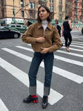 Fashionkova Fashion Studded Spliced Long Sleeves Jacket Women Turn-down Collar Slim Cropped Coat Autumn New Lady Office Commute Outwear