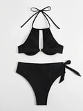 Fashionkova Christmas Gift 2024 Cut-out Push Up Bikini Solid Halter Swimsuit Women High Waist Swimwear Female Bathers Bathing Swimming Swim Suit Beachwear