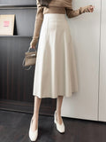 Fashionkova High Waist A-line Skirt Women New Arrival 2023 Autumn Fashio Korean Style Vintage PU Leather Ladies Elegant Long Skirts W1364