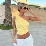 Fashionkova  Y2K Casaul Solid Color Summer Women T Shirt Pullover Slash Neck One Shoulder Sleeveless Crop Tops Ruched Slim Basic El