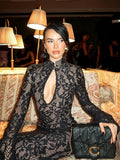 Fashionkova Christmas Gift Lace Maxi Dresses For Women Fashion Sexy Solid Streetwear Long Sleeves O-Neck Hollow Out Slim Fit See Through Midi Vestidos Robe