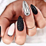 Fashionkova Long Stiletto False Nails Black Edge French Gold Thread Black Rhinestones Design Wearable Fake Nails Press On Nails Manicure Tip