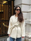 Fashionkova Christmas Gift Outfit  Women Fashion Lapel Full Sleeve Simple Coat Elegant White Woolen Blends Suit Jackets With Belt Lady Casual Highstreet Outerwear