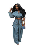 Fashionkova Christmas gift Christmas outfit Solid Loose Casual Denim 2 Piece Set Women Autumn Stand Collar Zipper Jacket High Waist Pocket Wide Leg Pants Hipster Streetwear