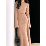 Fashionkova Autumn Winter Women Two Piece Outfits Sweater Set Elegant Vintage Slim Plush Long Sleeve Short Knit Pullover and Long Skirt Suit