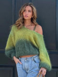 Fashionkova Gradient Chic Sweater Women O-neck Loose Elegant Long Sleeve 2024 Autumn Pullover Fashion Street Backless Furry Jumper Tops