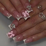 Fashionkova 24Pcs Long Coffin False Nails with Star Rhinestones Black Y2K Nail Art French Gradient Full Cover Press on Nail Tips for Girls