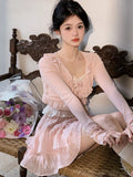 Fashionkova Lace Kawaii Lolita 3 Piece Set Women Summer Bow Vintage Sweet Chiffon Skirt Suit Female Korean Cute Tops + Japanese Mini Skirt