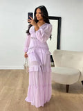 Fashionkova Women Elegant Layered Ruffles Patchwork Long Dress Chic V Neck Puff Full Sleeves Split Maxi Dresses Fashion Lady Party Robes