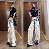 Fashionkova Women Grey Ripped Jeans High Waist America Feeling Street Wide Leg Pants Y2K Vintage Ins Straight Baggy Plus Size Denim Trousers