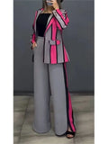 Fashionkova Women Striped Print Suits+pants Two Piece Sets Autumn Winter Casual Wide Leg Pants Sets Office Ladies Elegant Coats Outfits