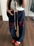 Fashionkova  Vintage Women Sweatpants Baggy Korean Preppy Style Retro Trousers Streetwear Y2k Letter Printed Wide Leg Patchwork Pants