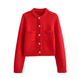 Fashionkova Christmas outfit O-neck Single Breasted Cardigan Knitted Coat Women 2024 Autumn Winter Casual Solid Color Long Sleeve Red Warm Sweater Coats