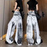 Fashionkova Women Grey Ripped Jeans High Waist America Feeling Street Wide Leg Pants Y2K Vintage Ins Straight Baggy Plus Size Denim Trousers