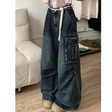 Fashionkova Blue Jeans Women Multiple Pockets Y2K Vintage High Waisted Jean Straight Trouser Streetwear Casual Loose Wide Leg Denim Pants