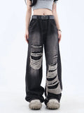 Fashionkova Women's Gothic Black Jeans High Waist Vintage Korean Fashion Y2k Streetwear Ripped Pants Harajuku Casual Wide Leg Denim Trousers