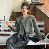 Fashionkova Lucyever Vintage Streetwear Y2K Denim Jacket Female Korean Fashion Stand-Up Collar Short Coat Women 2024 New Long Sleeve Outwear
