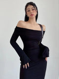 Fashionkova Long Dress Y2K Long Sleeve Dress Women Clothes Off Shoulder Maxi Dress Autumn Winter Streetwear Bodycon Trumpet Black Dress