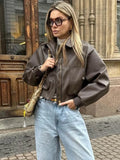 Fashionkova Women's Collar Zipper Casual Pu Leather Jacket Vintage Pocket Elastic Long Sleeved Outerwear Fashion High Street Motorcycle Coat