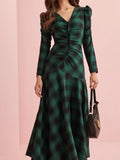 Fashionkova Christmas Gift Outfit  Vintage Green Plaid Long Sleeves V Neck Puff Maxi Dress Fashion High Waist Lady Dresses New 2025 Spring Commuter Street Vestidos