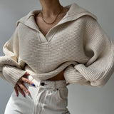 FashionKova Knitted Sweater Woman Turn Down Collar Jumper Long Sleeve Top Chic Elegant Pulovers Korean Autumn Clothes