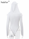 Fashionkova Nadafair Women¡®s Long Sleeve Off Shoulder Bodysuits Basic Hoodie Lace Bow Gothic Tops Sexy Fitted Bodysuit White Y2K Spring 2024