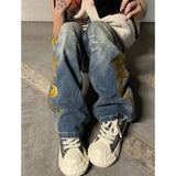 Retro High Waist Oversized Blue Jeans Women Casual Baggy Wide Leg Pocket Y2K Pants American Grunge Street Solid Denim Trouser