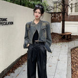 Fashionkova Lucyever Vintage Streetwear Y2K Denim Jacket Female Korean Fashion Stand-Up Collar Short Coat Women 2024 New Long Sleeve Outwear