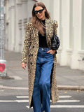Fashionkova Christmas Gift outfit Fashion Woman Leopard Printed Double Breasted Long Coat Elegant Lapel Full Sleeves High Waist Overcoat New High Street Jacket