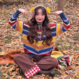 Fashionkova Christmas outfit Gaganight Women Japanese Retro Rainbow Contrasting Striped Sweater Female 2024 Autumn Winter New Lazy O neck Knitted Sweater Top