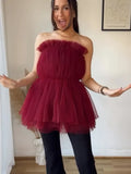 Fashionkova Christmas gift Christmas outfit Fashion Burgundy Sexy Sleeveless Backless Top Elegant Solid Pleated Mesh Tulle Ruffles Tank Tops Christmas New Year Party Gowns