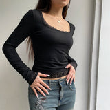 Fashionkova Black Sexy Lace T-shirt Women Autumn New O-Neck Long Sleeves Tees Fashion Streetwear Casual Slim T-shirt Lady Versatile Clothing