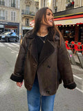 Fashionkova Casual Lapel Thick Faux Leather Jackets Women Vintage Single-Breasted Warm Wool Blends Coats Female Winter High Street Outwears