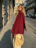 Fashionkova 2024 New Fashion Burgundy Red Woolen Suit Jacket With Scarf Collar Women Chic Oversized Flip Pockets Solid Coats Lady Streetwear