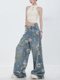 Fashionkova Fashion Printed Jeans 2024 Retro Floral Denim Mopping Trousers Korean Style High Street Loose Hip Hop Wide-leg Jean Pants