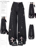 Fashionkova Women Clothing Black Gothic Jeans 90s Aesthetic Y2k Oversize Denim Trousers Vintage Harajuku Korean Emo 2000s Trashy Jean Pants