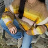 Fashionkova Mohair Plaid Contrast Women Sweater O Neck Full Sleeve Lady Cardigan 2024 Fashion Autumn Loose Single-breasted Female Knitwear
