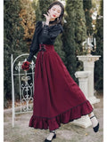 Fashionkova Vintage Gothic Two-Piece Skirt Sets Women Black Lace Ruffle Blouse Lace-up Midi Skirt Autumn New Court Retro Suits Y2k Outfits