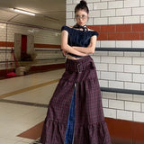 Fashionkova Christmas outfit Gaganight Women Plaid Retro Spicy Girl Style Skirt Patchwork Zipper 2024 Spring New Chic Purple Flower Bud Plaid Half Long Skirt