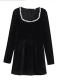 Fashionkova Women Black Rhinestone Decor Velvet Mini Dress Elegant Square Neck Long Sleeve High Waist A-line Dresses Lady Evening Party Gown