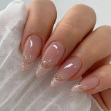 Fashionkova 24pcs Long Almond False Nails French Manicure With Gold Edge Press on Nails Fake Nails DIY Manicure Detachable Nail Tips