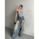 Fashionkova Women Ripped Blue Y2k Jeans Harajuku Streetwear Denim Trousers Aesthetic Jean Pants Vintage Japanese 2000s Style Trashy Clothes